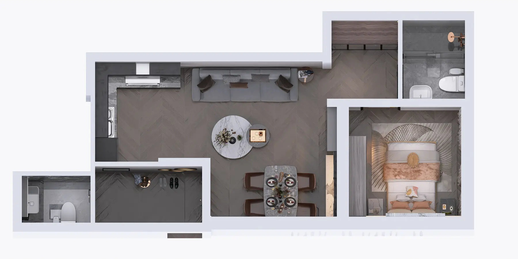 Az 5. lakás felülnézeti alaprajza – 51,16 m², nappali, konyha, hálószoba, két fürdőszoba